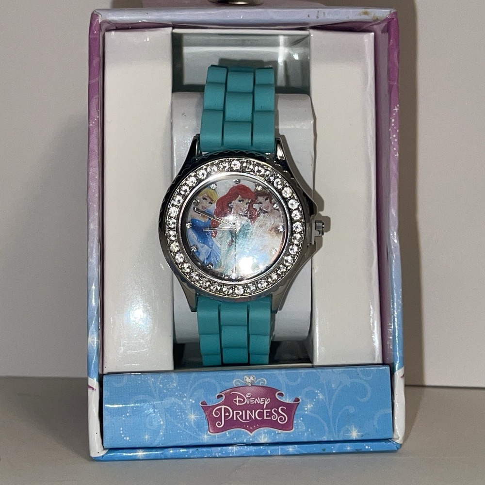 Vintage Disney Princess Watch Double Rhinestone Trimmed Face NIB Teal Blue Band